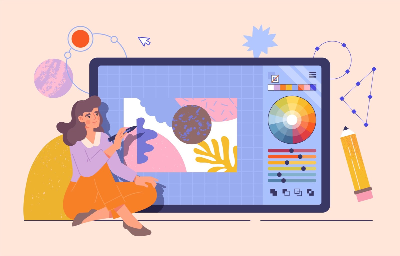 Преподавател показва слоеве и маски в Adobe Photoshop по време на курс по графичен дизайн.