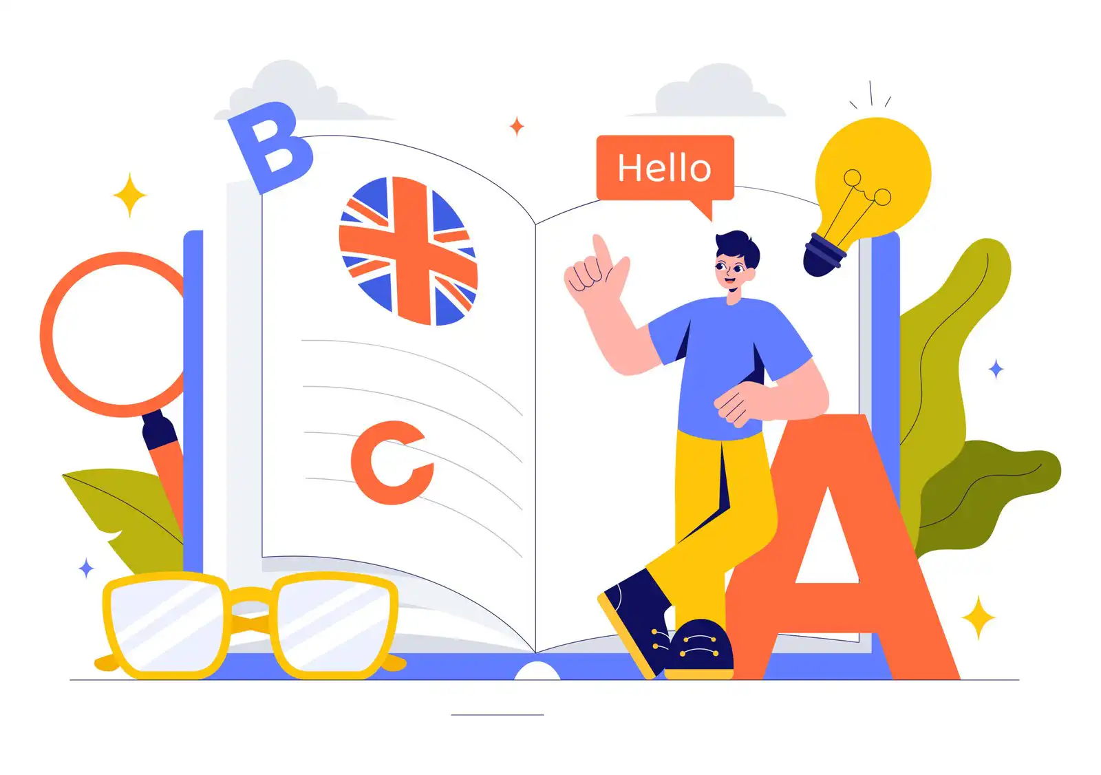 vector image of a person standing next to a english book